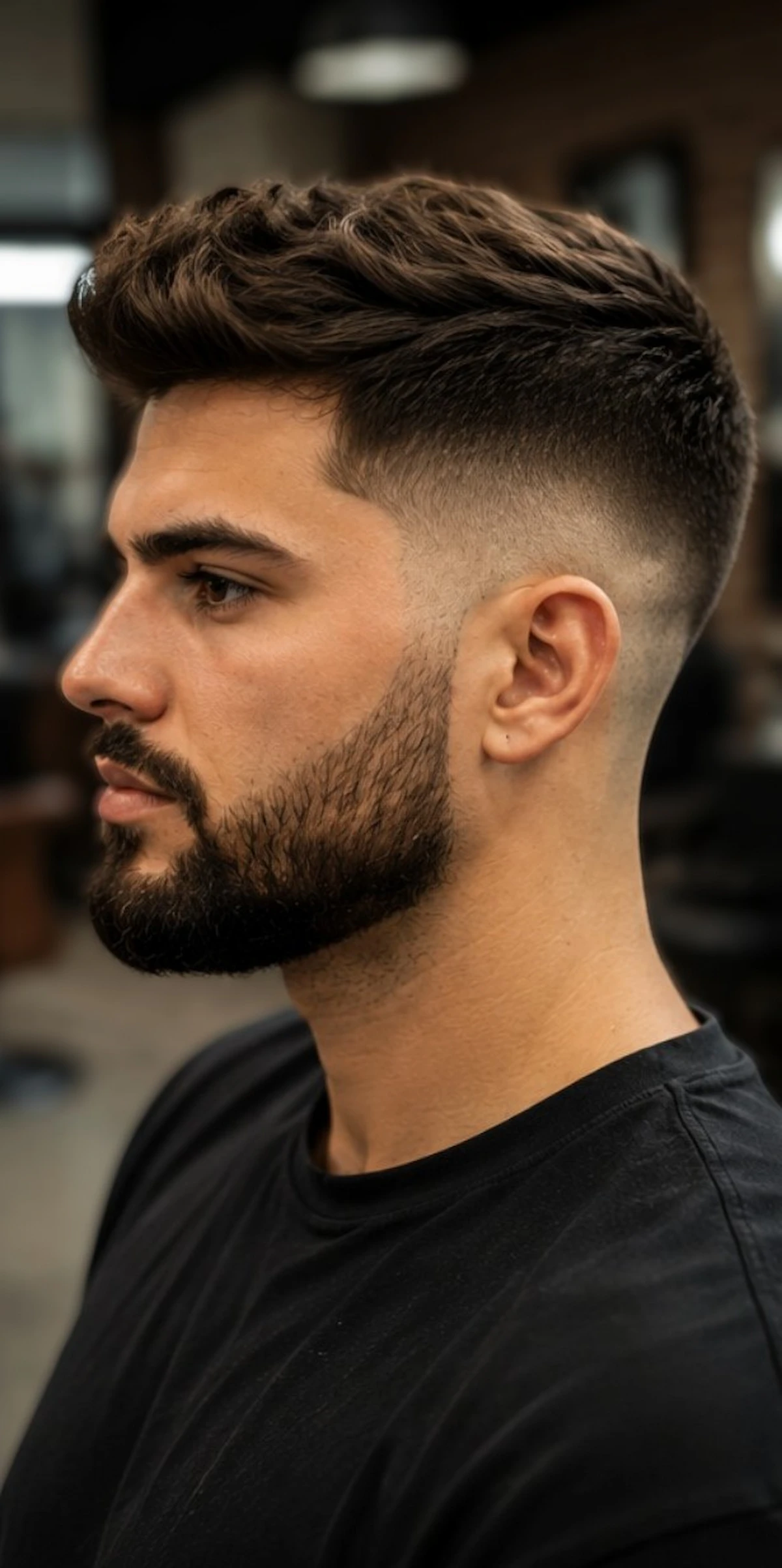 Corte masculino com degradê e barba alinhada, trabalho de Vytor no Romana Hair Studio